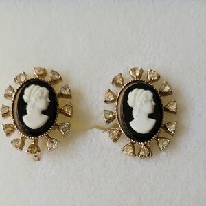 Coro Goldtone Cameo and Crystal Screwback Earrings